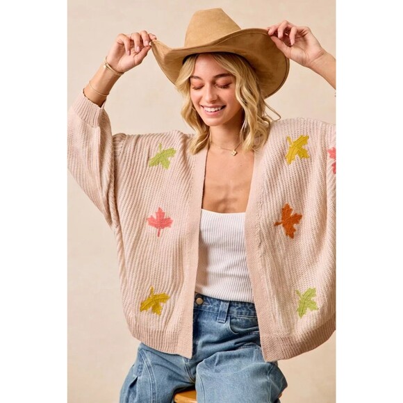 BiBi Two Tone Knit Cardigan with Leaf Appliqués - Picture 7 of 11